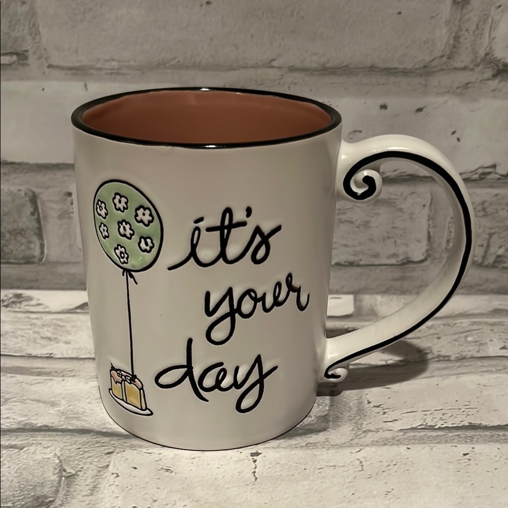 Spectrum White pink coffee Mug with Balloon and birthday cake